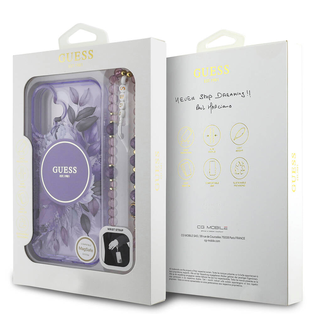 Guess iPhone 16 Orjinal Lisanslı Magsafe Şarj Özellikli IML Baskılı Çiçek İnci Bileklikli Telefon Kılıfı - 21