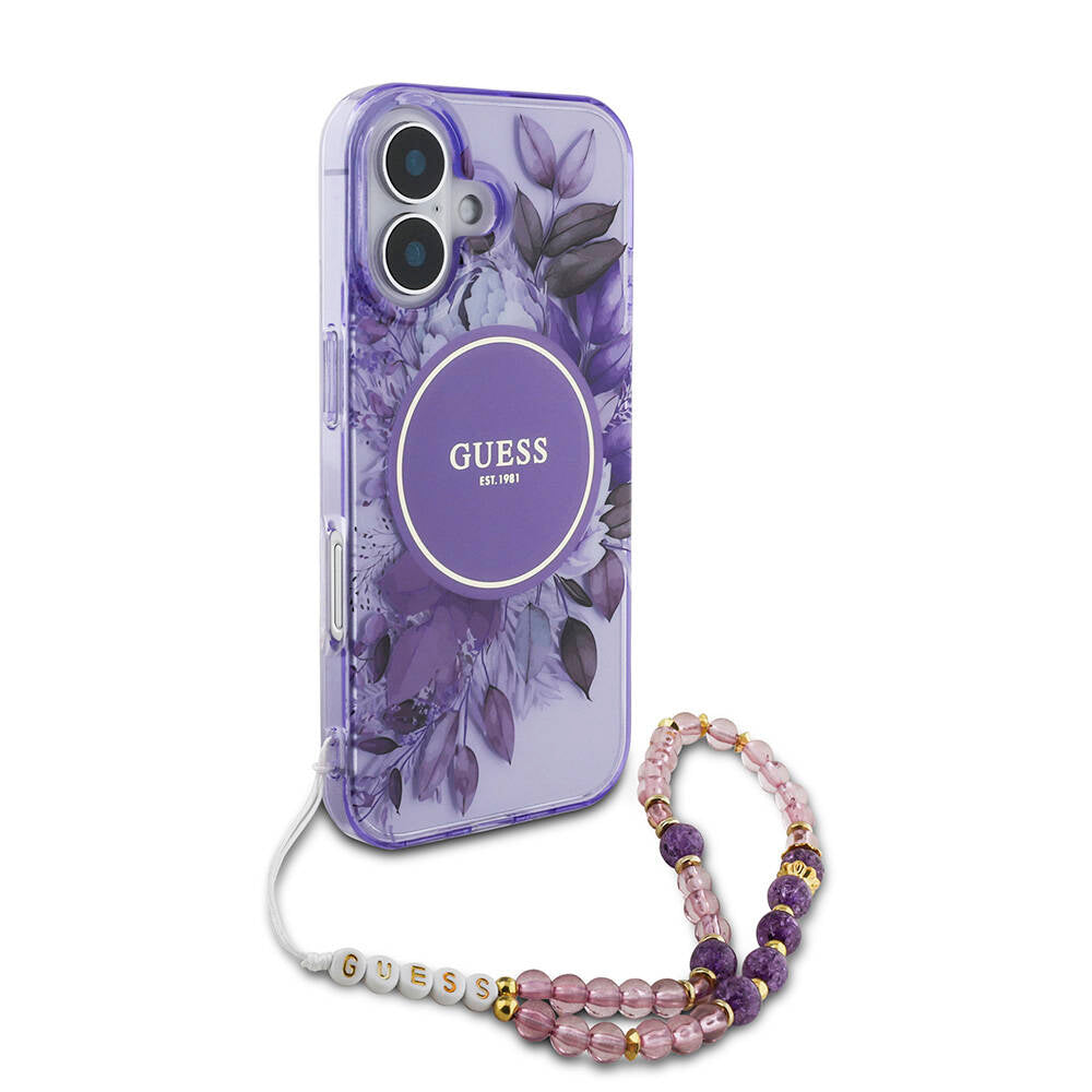 Guess iPhone 16 Orjinal Lisanslı Magsafe Şarj Özellikli IML Baskılı Çiçek İnci Bileklikli Telefon Kılıfı - 17