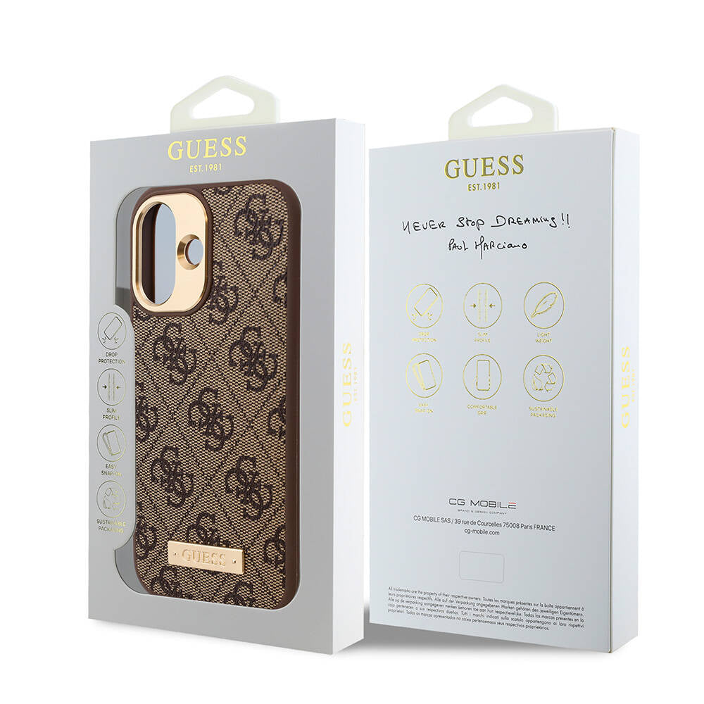 Guess iPhone 16 Orjinal Lisanslı Magsafe Şarj Özellikli PU 4G Desenli Metal Plaka Klasik Logolu Telefon Kılıfı - 16