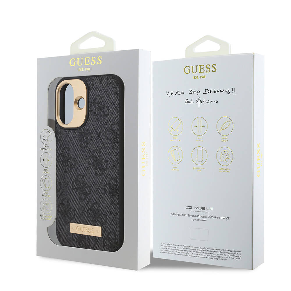 Guess iPhone 16 Orjinal Lisanslı Magsafe Şarj Özellikli PU 4G Desenli Metal Plaka Klasik Logolu Telefon Kılıfı - 24