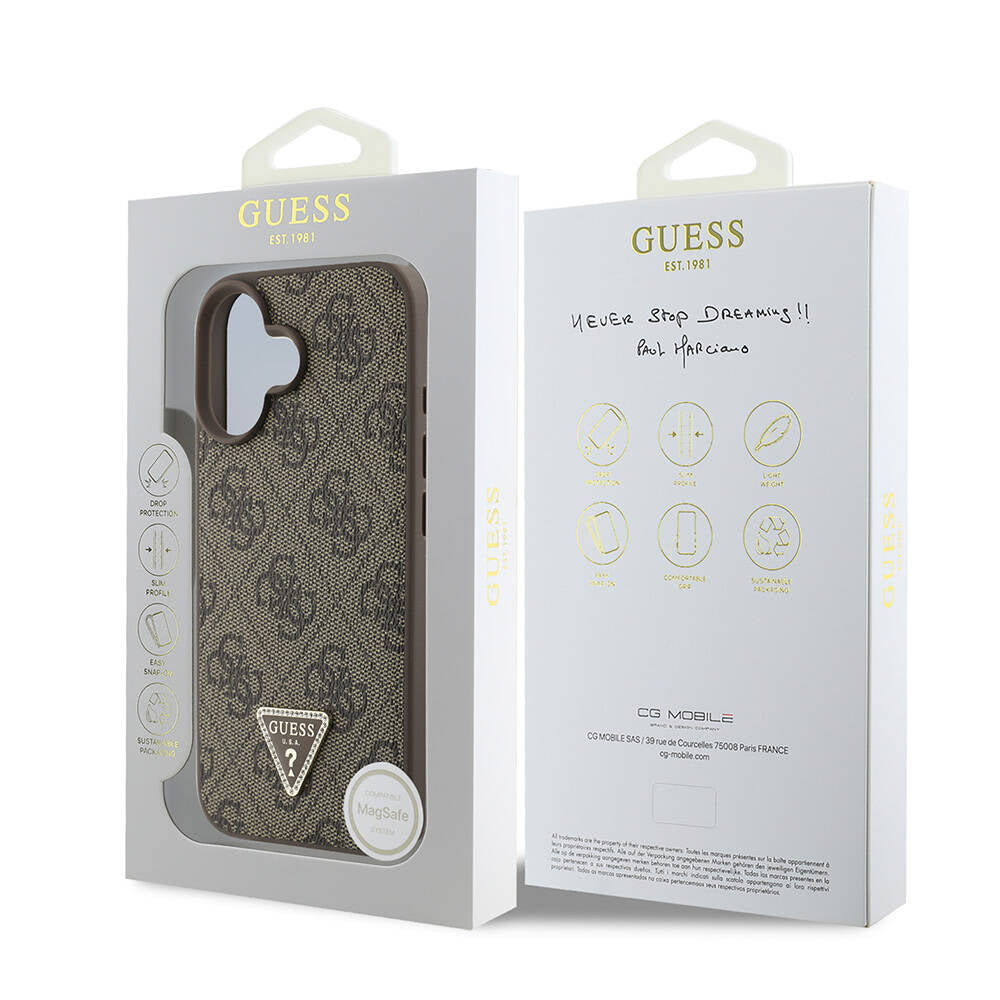 Guess iPhone 16 Orjinal Lisanslı Magsafe Şarj Özellikli PU Deri 4G Desenli Taşlı Üçgen Logolu Telefon Kılıfı - 24