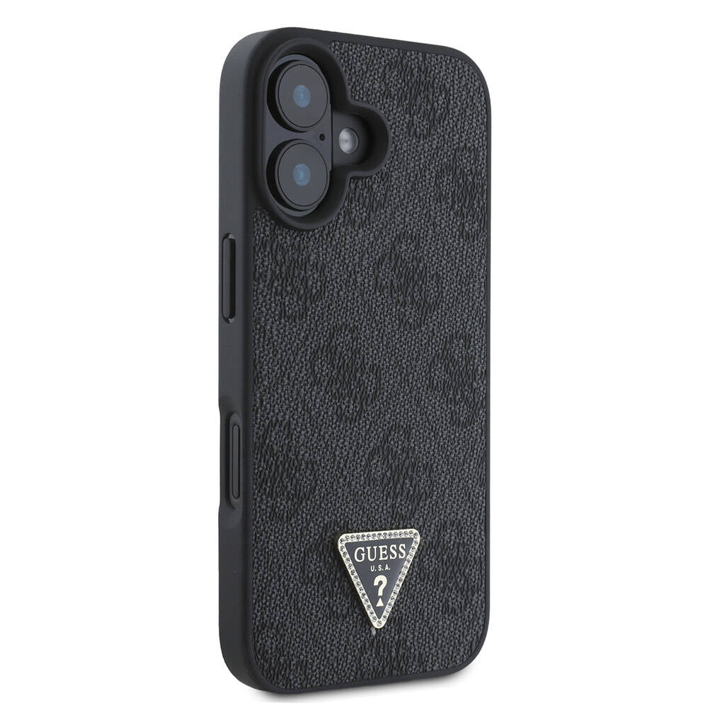 Guess iPhone 16 Orjinal Lisanslı Magsafe Şarj Özellikli PU Deri 4G Desenli Taşlı Üçgen Logolu Telefon Kılıfı - 4