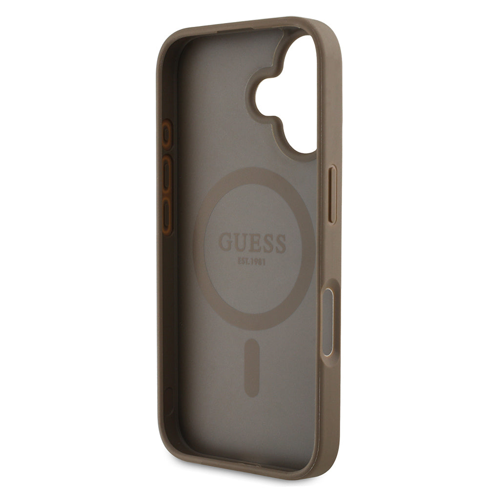 Guess iPhone 16 Orjinal Lisanslı M-safe Şarj Özellikli Sıcak Baskılı Üçgen Logolu PU Deri Peony Kılıf