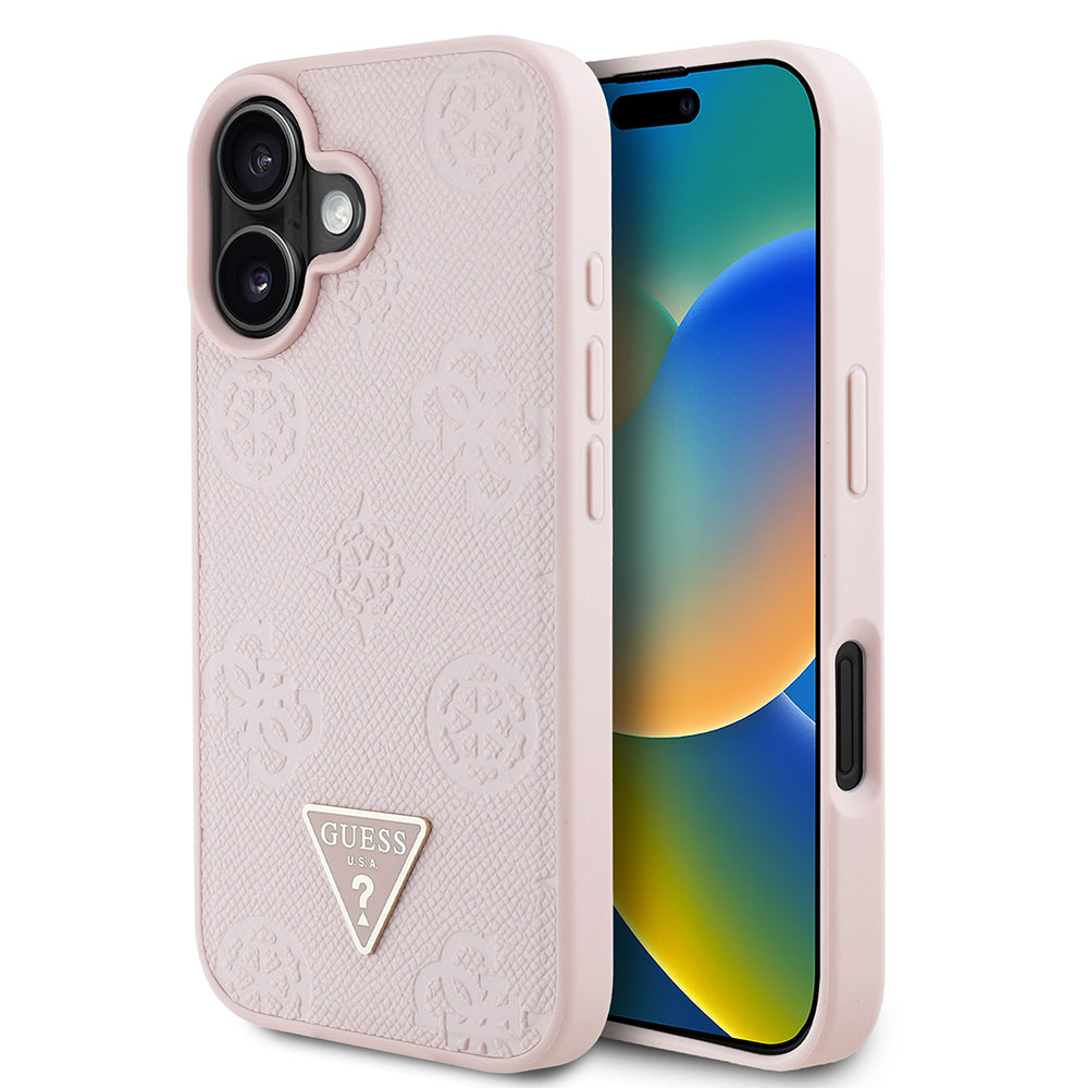 Guess iPhone 16 Orjinal Lisanslı M-safe Şarj Özellikli Sıcak Baskılı Üçgen Logolu PU Deri Peony Kılıf