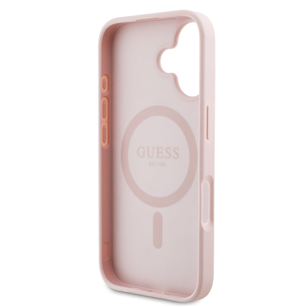 Guess iPhone 16 Orjinal Lisanslı M-safe Şarj Özellikli Sıcak Baskılı Üçgen Logolu PU Deri Peony Kılıf