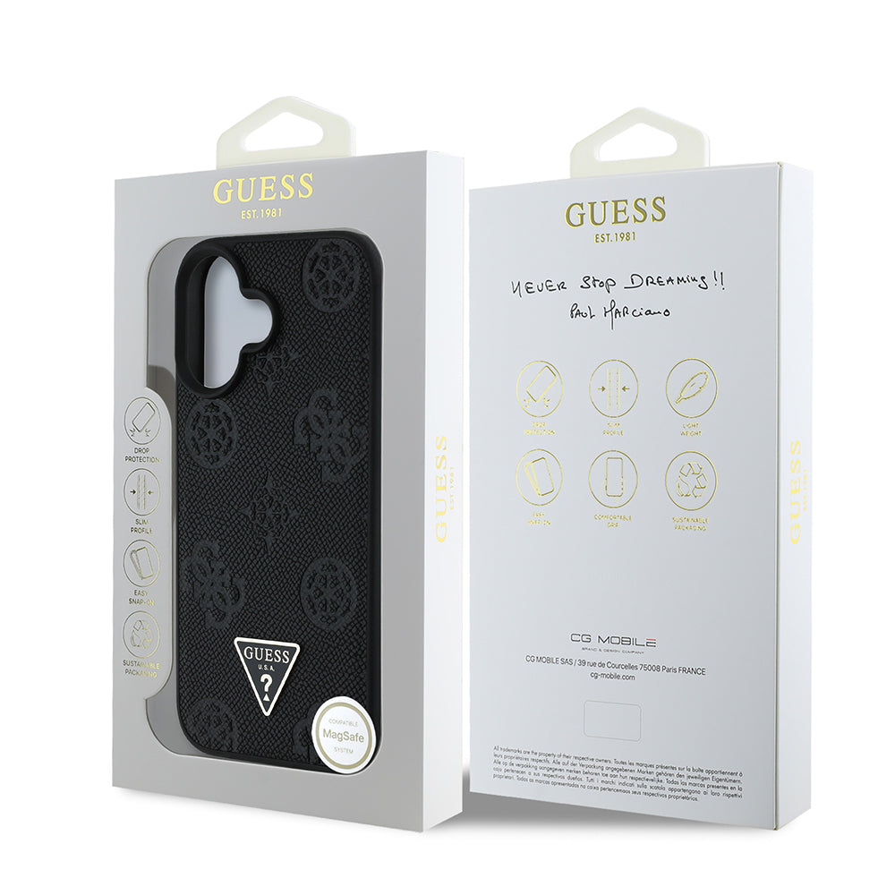 Guess iPhone 16 Orjinal Lisanslı M-safe Şarj Özellikli Sıcak Baskılı Üçgen Logolu PU Deri Peony Kılıf