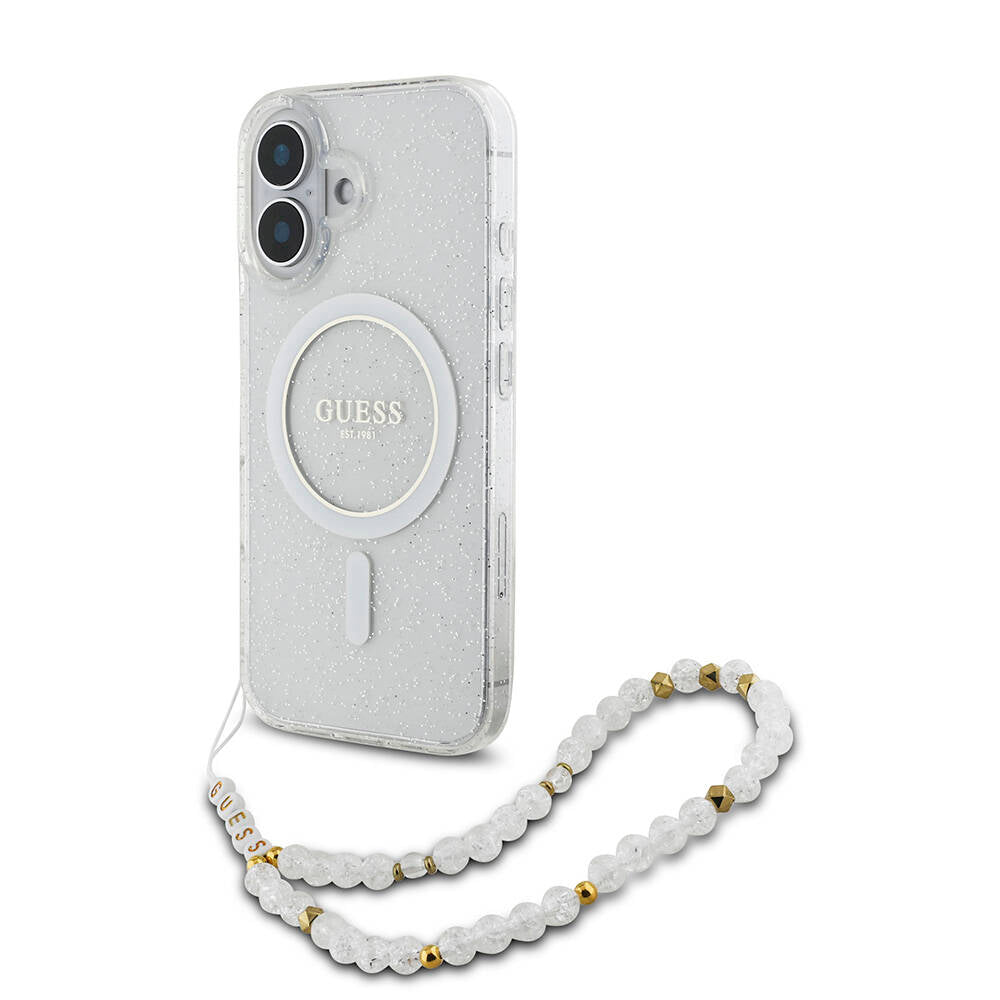 Guess iPhone 16 Orjinal Lisanslı Magsafe Şarj Özellikli Simli Silikon İnci Bileklikli Telefon Kılıfı - 16