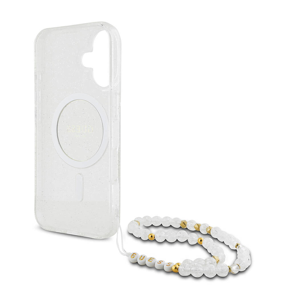 Guess iPhone 16 Orjinal Lisanslı Magsafe Şarj Özellikli Simli Silikon İnci Bileklikli Telefon Kılıfı - 21
