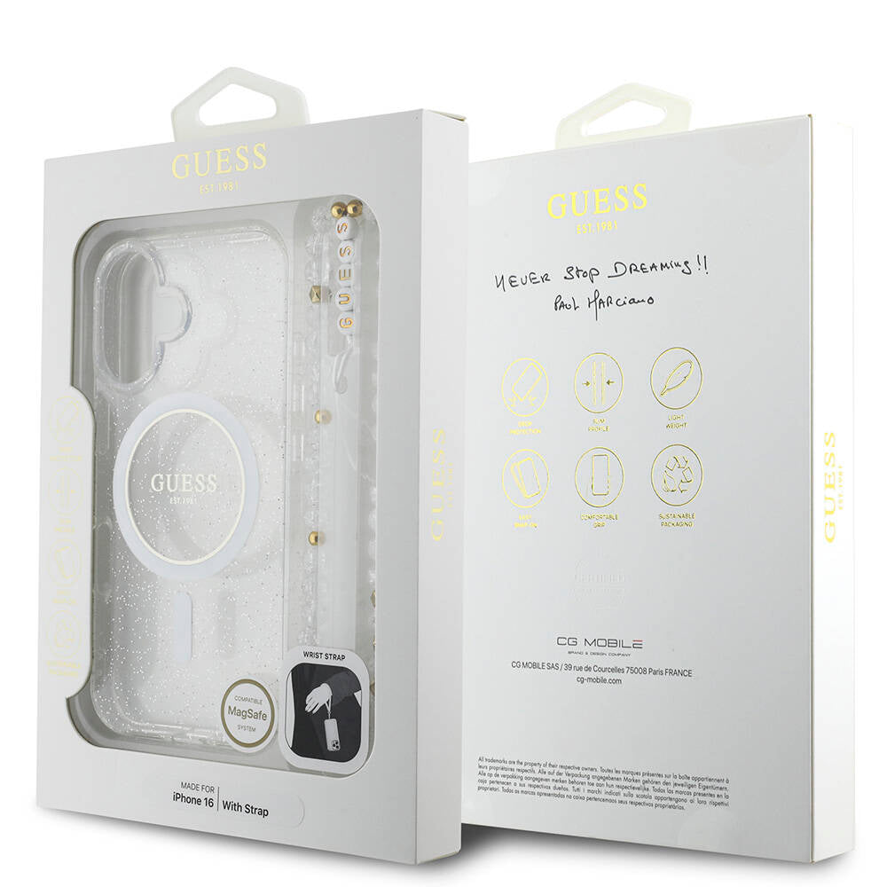 Guess iPhone 16 Orjinal Lisanslı Magsafe Şarj Özellikli Simli Silikon İnci Bileklikli Telefon Kılıfı - 22