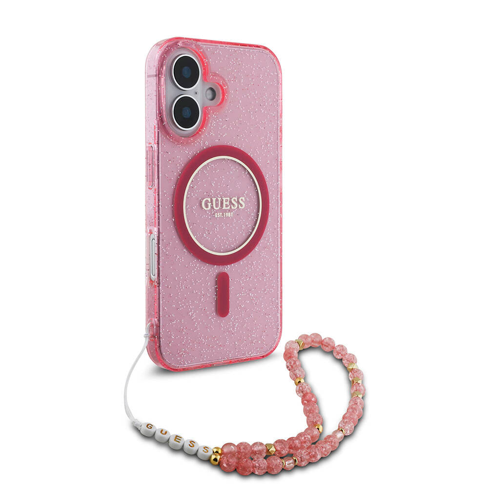 Guess iPhone 16 Orjinal Lisanslı Magsafe Şarj Özellikli Simli Silikon İnci Bileklikli Telefon Kılıfı - 8