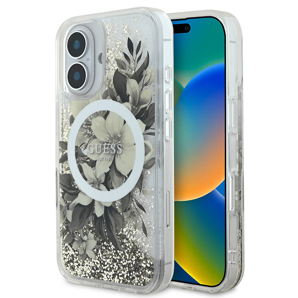 Guess iPhone 16 Orjinal Lisanslı Magsafe Şarj Özellikli Sıvılı Simli Çiçek Desenli Telefon Kılıfı - 8