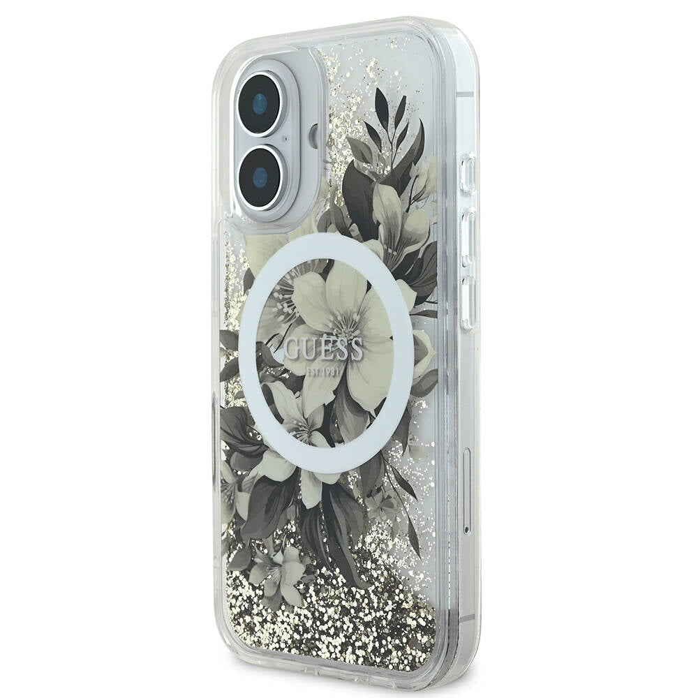 Guess iPhone 16 Orjinal Lisanslı Magsafe Şarj Özellikli Sıvılı Simli Çiçek Desenli Telefon Kılıfı - 9