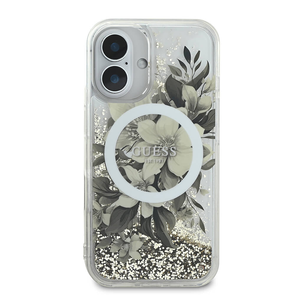 Guess iPhone 16 Orjinal Lisanslı Magsafe Şarj Özellikli Sıvılı Simli Çiçek Desenli Telefon Kılıfı - 10