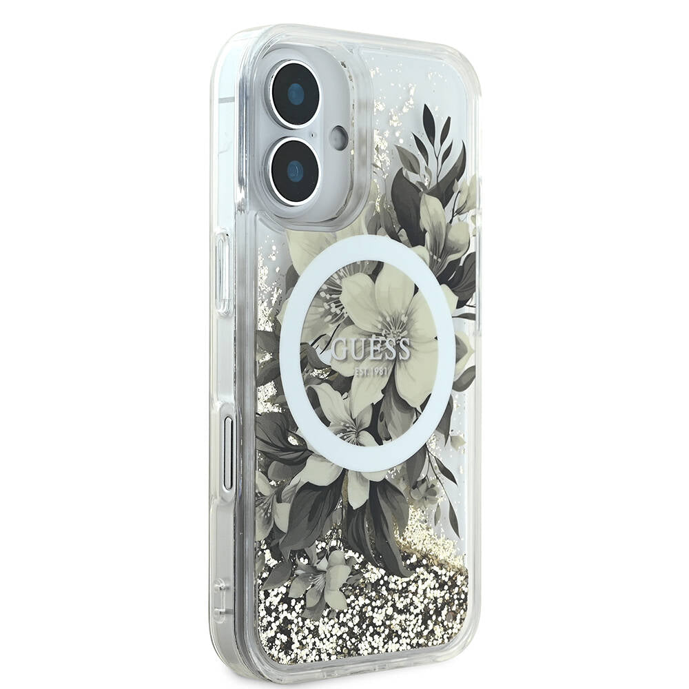 Guess iPhone 16 Orjinal Lisanslı Magsafe Şarj Özellikli Sıvılı Simli Çiçek Desenli Telefon Kılıfı - 11