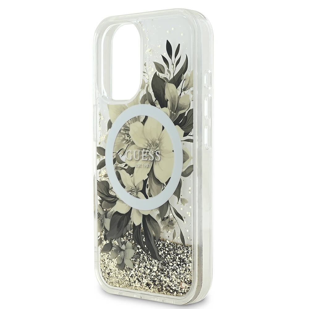 Guess iPhone 16 Orjinal Lisanslı Magsafe Şarj Özellikli Sıvılı Simli Çiçek Desenli Telefon Kılıfı - 13