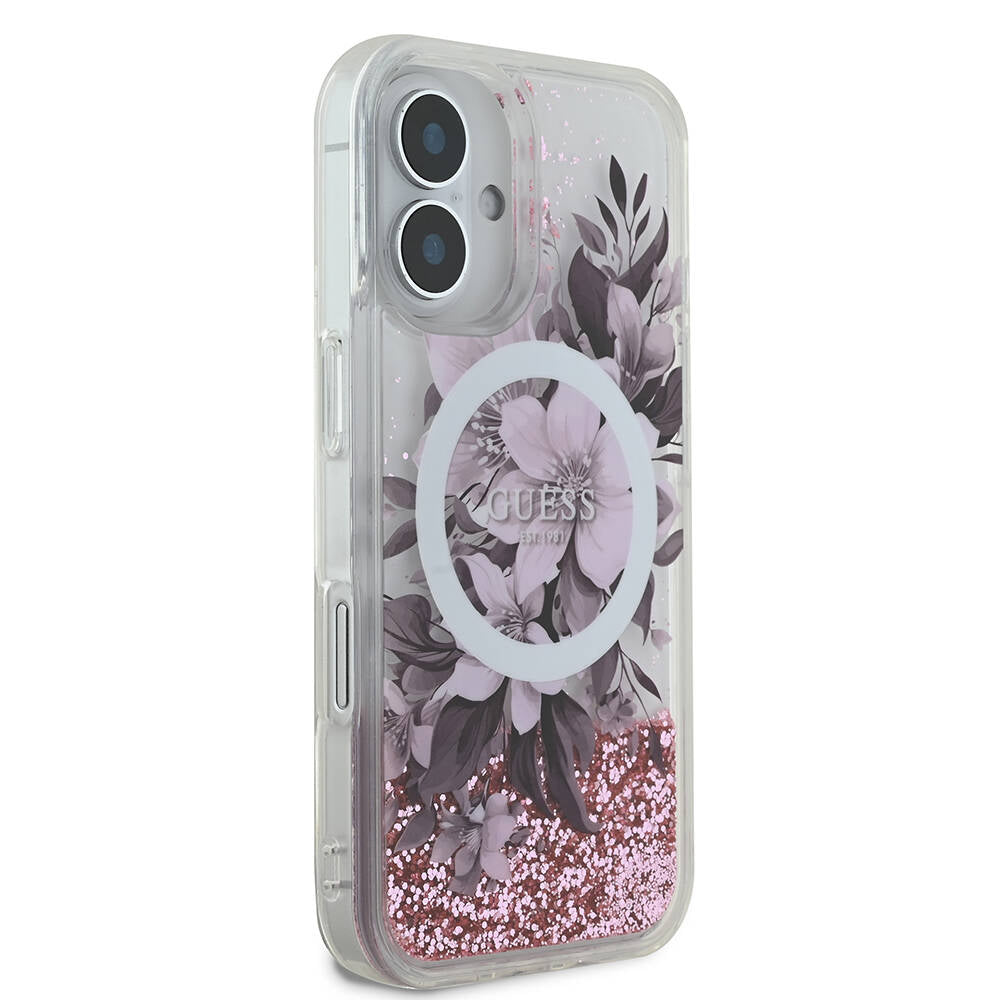 Guess iPhone 16 Orjinal Lisanslı Magsafe Şarj Özellikli Sıvılı Simli Çiçek Desenli Telefon Kılıfı - 4