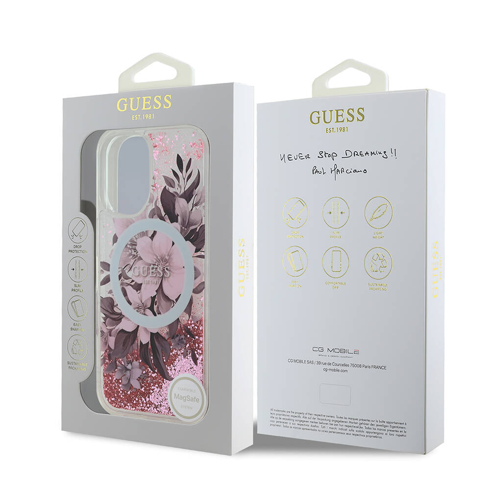 Guess iPhone 16 Orjinal Lisanslı Magsafe Şarj Özellikli Sıvılı Simli Çiçek Desenli Telefon Kılıfı - 7