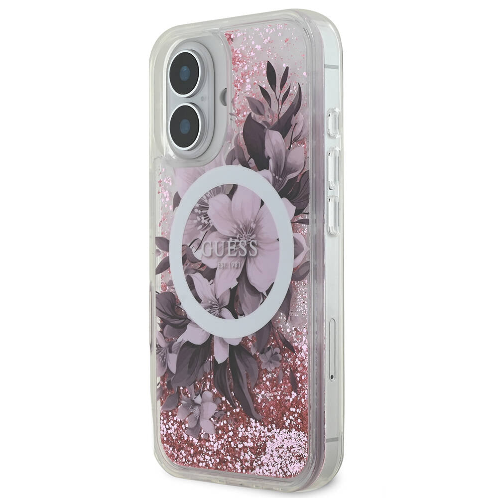 Guess iPhone 16 Orjinal Lisanslı Magsafe Şarj Özellikli Sıvılı Simli Çiçek Desenli Telefon Kılıfı - 2