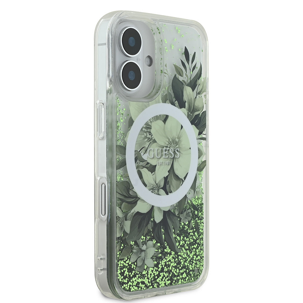 Guess iPhone 16 Orjinal Lisanslı Magsafe Şarj Özellikli Sıvılı Simli Çiçek Desenli Telefon Kılıfı - 17