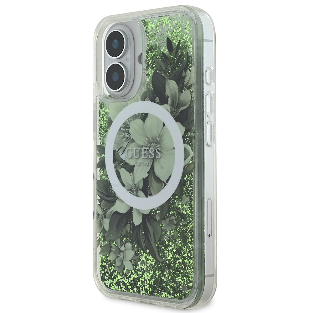 Guess iPhone 16 Orjinal Lisanslı Magsafe Şarj Özellikli Sıvılı Simli Çiçek Desenli Telefon Kılıfı - 18