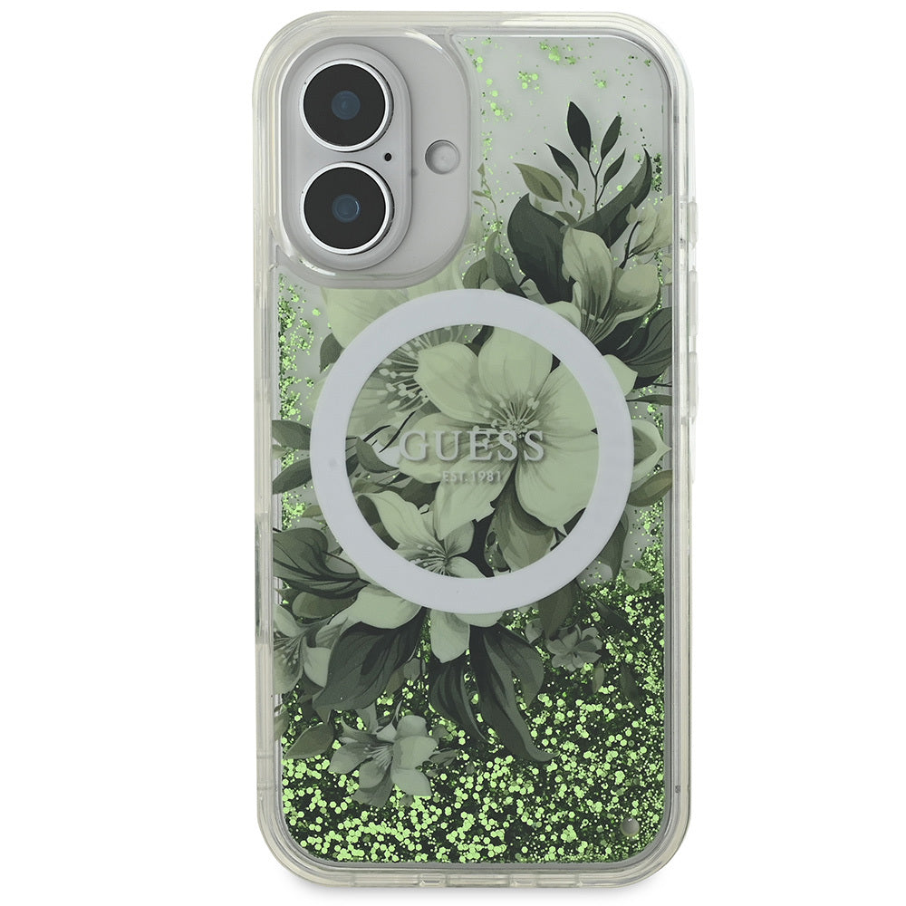 Guess iPhone 16 Orjinal Lisanslı Magsafe Şarj Özellikli Sıvılı Simli Çiçek Desenli Telefon Kılıfı - 19