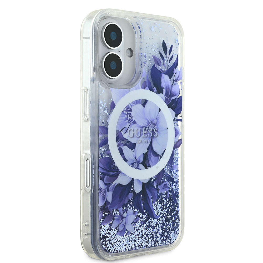 Guess iPhone 16 Orjinal Lisanslı Magsafe Şarj Özellikli Sıvılı Simli Çiçek Desenli Telefon Kılıfı - 22