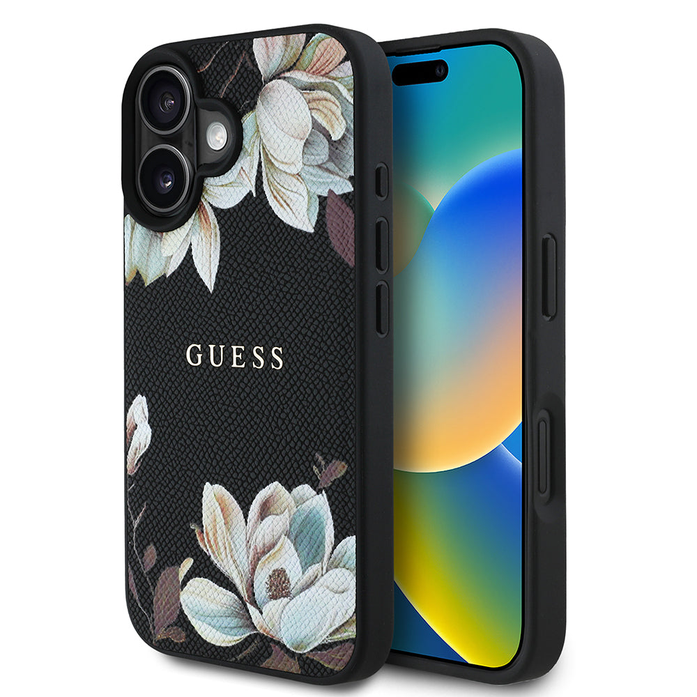 Guess iPhone 16 Orjinal Lisanslı Taneli Çiçek Tasarımlı Metal Yazı Logolu M-safe Kılıf