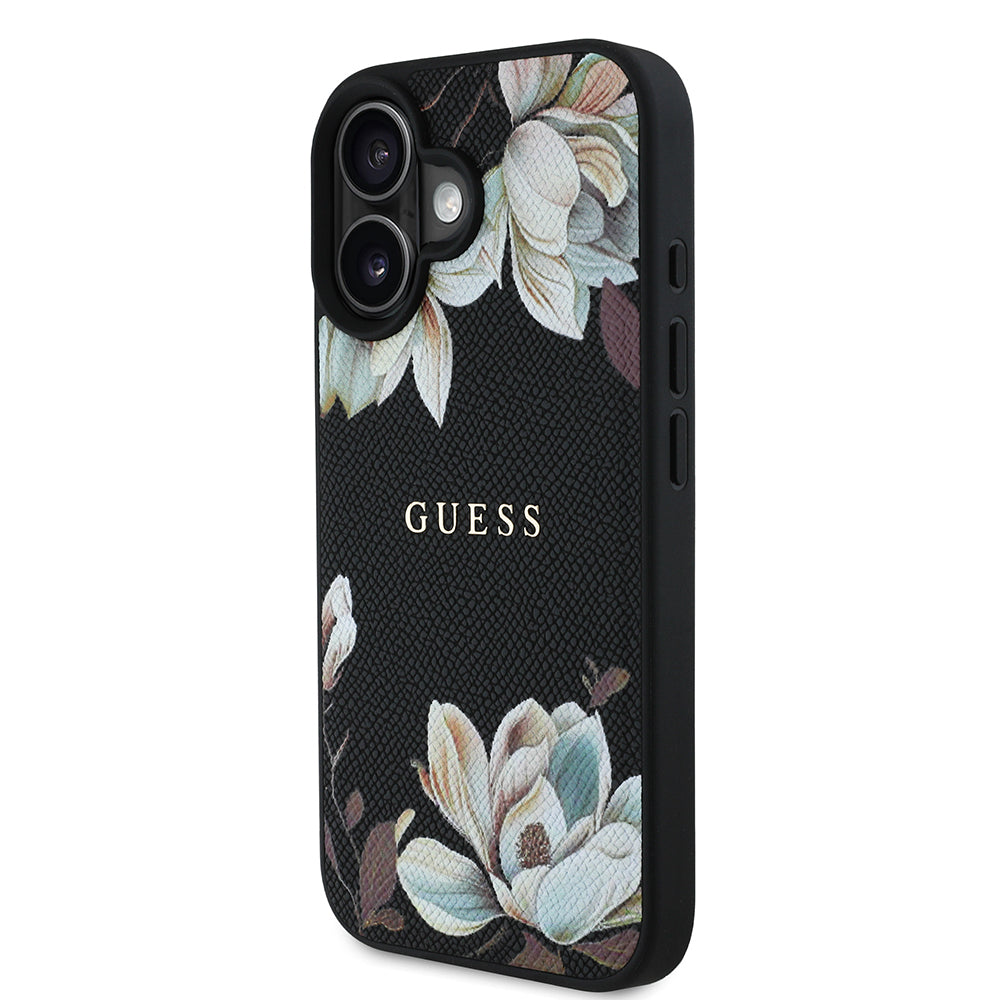 Guess iPhone 16 Orjinal Lisanslı Taneli Çiçek Tasarımlı Metal Yazı Logolu M-safe Kılıf