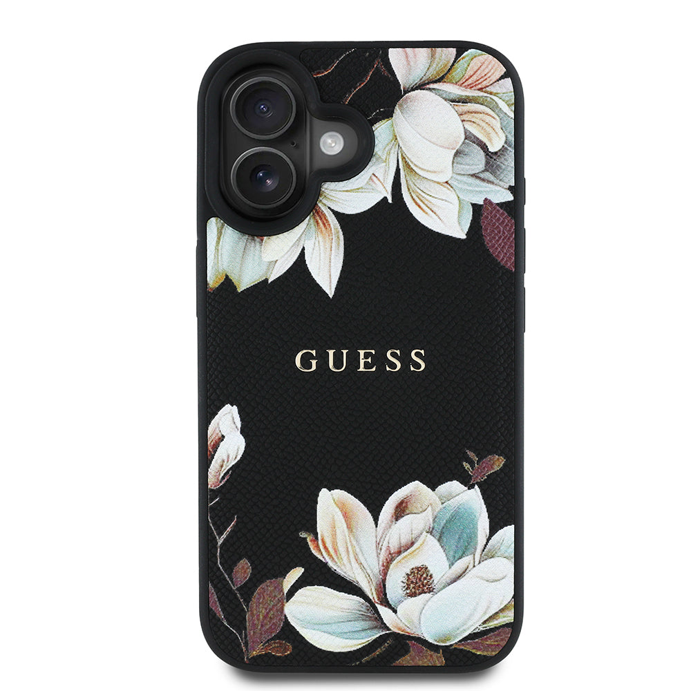 Guess iPhone 16 Orjinal Lisanslı Taneli Çiçek Tasarımlı Metal Yazı Logolu M-safe Kılıf