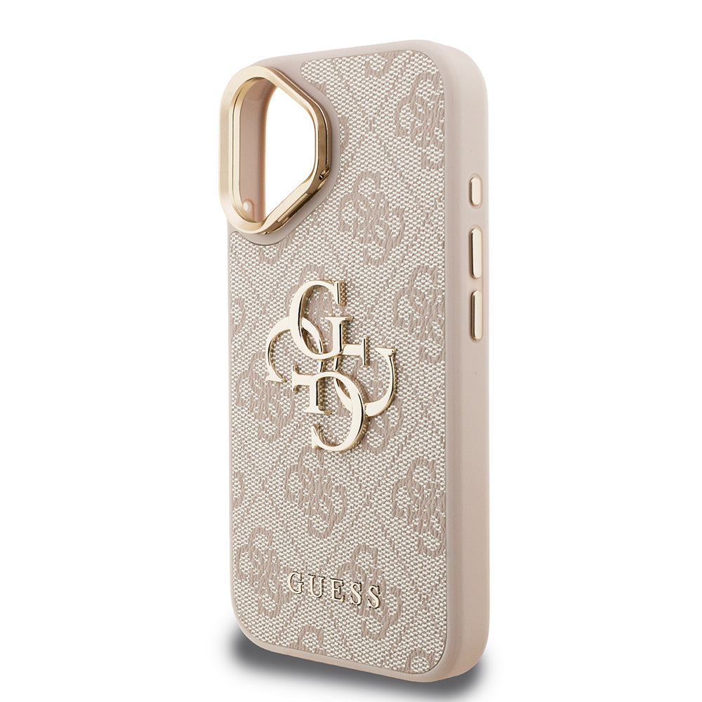 iPhone 16 Kılıf Guess Orjinal Lisanslı PU Deri 4G Desenli Metal Büyük 4G ve Yazı Logolu Kamera Standlı Kılıf
