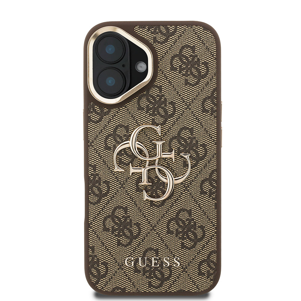 iPhone 16 Kılıf Guess Orjinal Lisanslı PU Deri 4G Desenli Metal Büyük 4G ve Yazı Logolu Kamera Standlı Kılıf