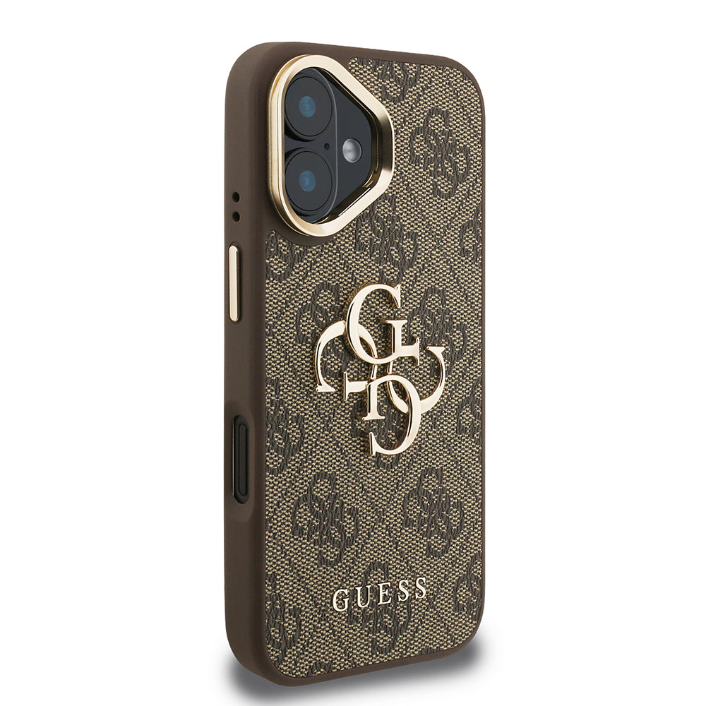 iPhone 16 Kılıf Guess Orjinal Lisanslı PU Deri 4G Desenli Metal Büyük 4G ve Yazı Logolu Kamera Standlı Kılıf