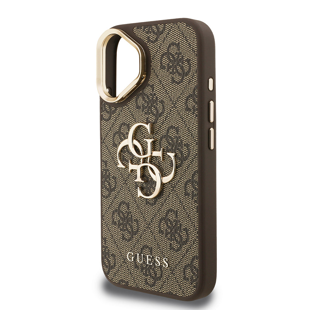 iPhone 16 Kılıf Guess Orjinal Lisanslı PU Deri 4G Desenli Metal Büyük 4G ve Yazı Logolu Kamera Standlı Kılıf