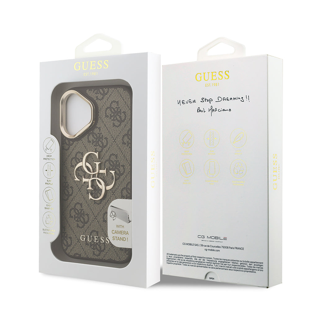 iPhone 16 Kılıf Guess Orjinal Lisanslı PU Deri 4G Desenli Metal Büyük 4G ve Yazı Logolu Kamera Standlı Kılıf