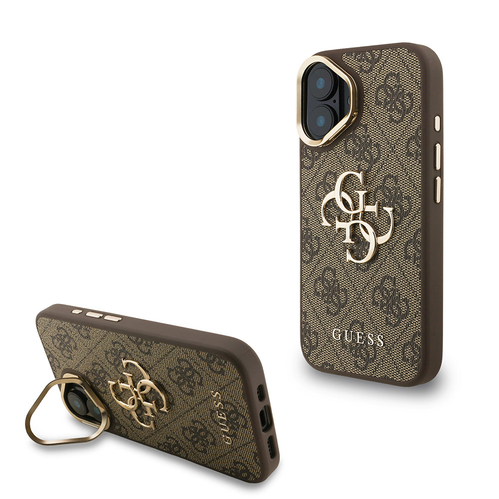 iPhone 16 Kılıf Guess Orjinal Lisanslı PU Deri 4G Desenli Metal Büyük 4G ve Yazı Logolu Kamera Standlı Kılıf