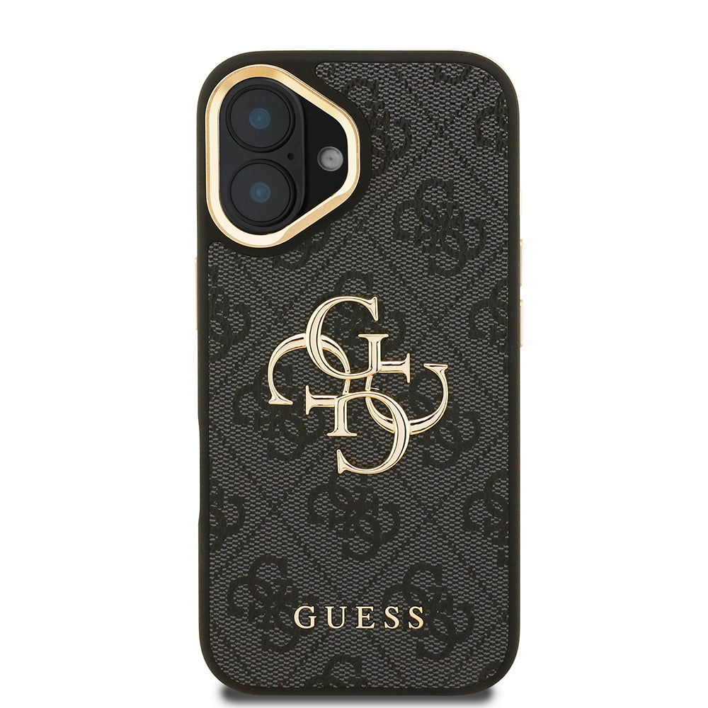 iPhone 16 Kılıf Guess Orjinal Lisanslı PU Deri 4G Desenli Metal Büyük 4G ve Yazı Logolu Kamera Standlı Kılıf