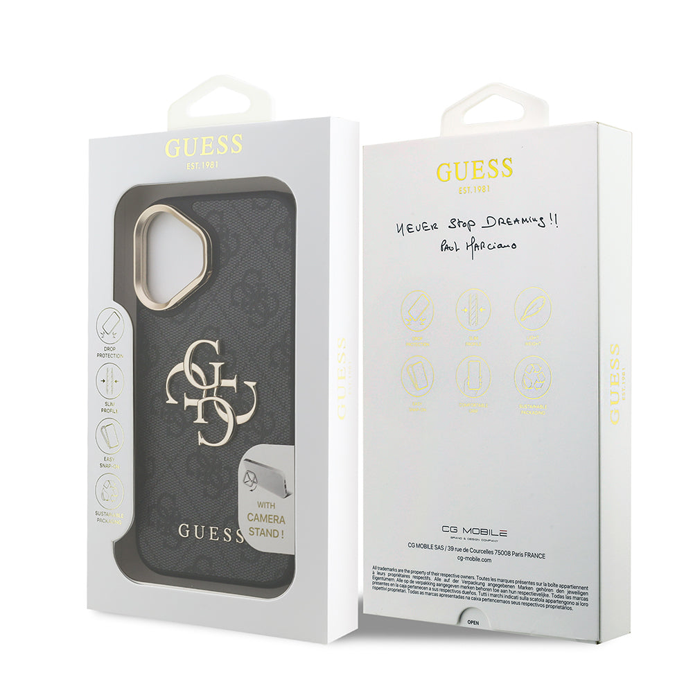 iPhone 16 Kılıf Guess Orjinal Lisanslı PU Deri 4G Desenli Metal Büyük 4G ve Yazı Logolu Kamera Standlı Kılıf