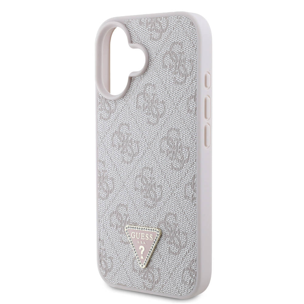 Guess iPhone 16 Orjinal Lisanslı PU Deri Taşlı Metal Üçgen Logolu Çapraz Vücut Askılı 4G Desenli Kılıf