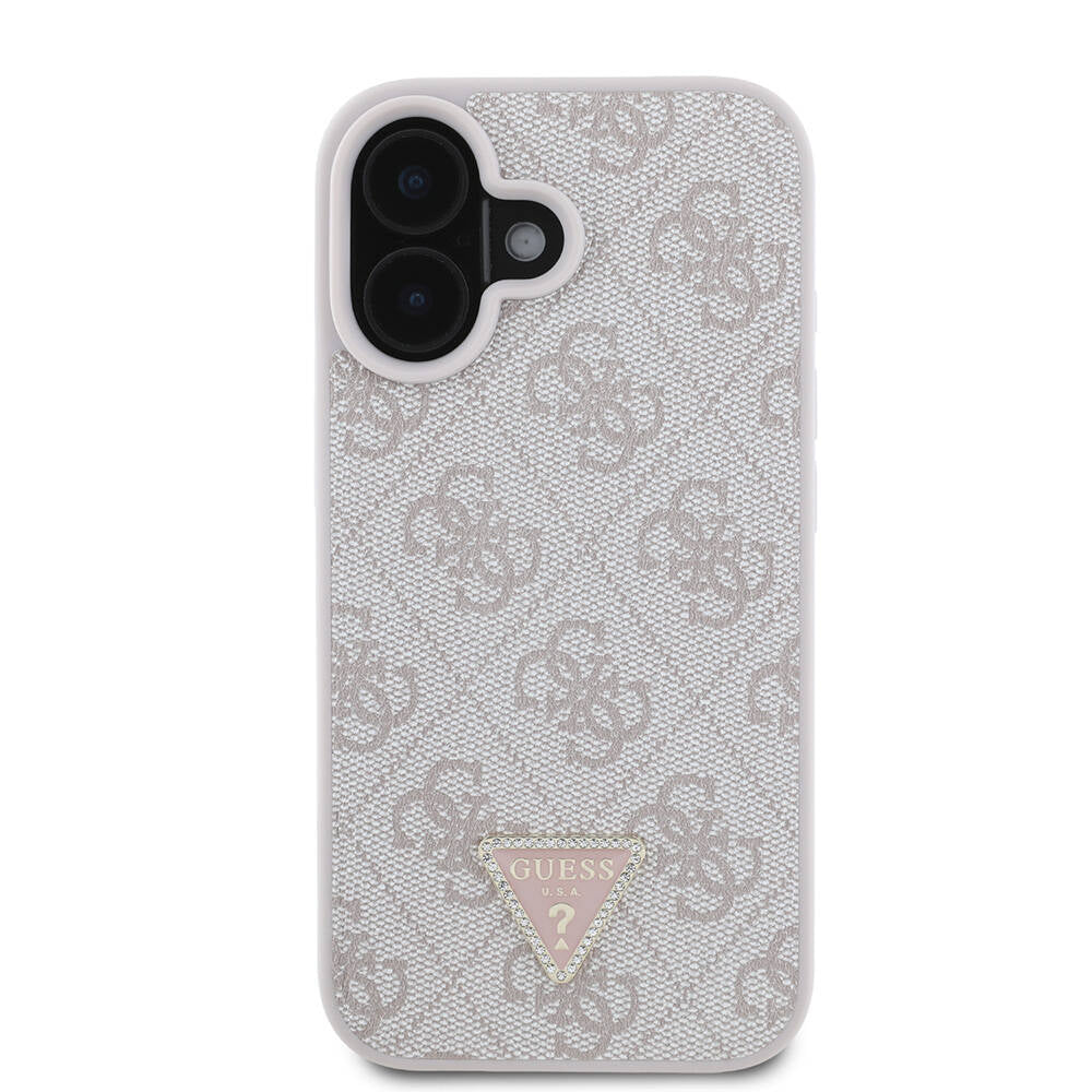 Guess iPhone 16 Orjinal Lisanslı PU Deri Taşlı Metal Üçgen Logolu Çapraz Vücut Askılı 4G Desenli Kılıf