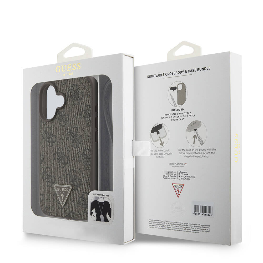 Guess iPhone 16 Orjinal Lisanslı PU Deri Taşlı Metal Üçgen Logolu Çapraz Vücut Askılı 4G Desenli Kılıf