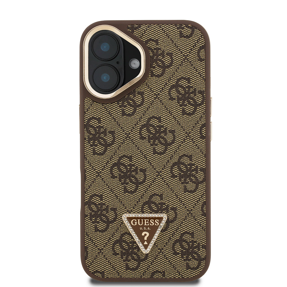 Guess iPhone 16 Orjinal Lisanslı PU Deri Taşlı Üçgen Logo 4G Desenli Kamera Standlı Kılıf