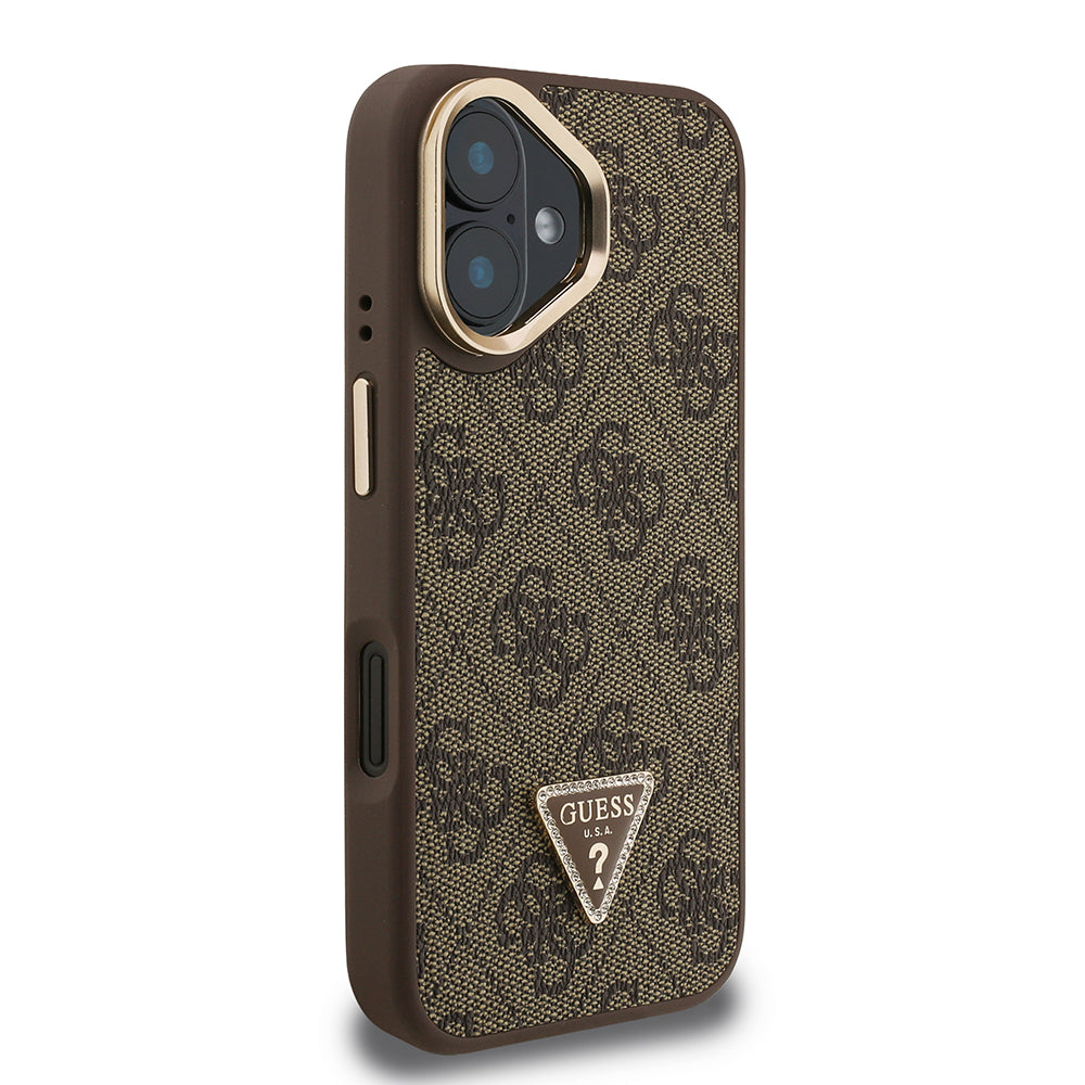 Guess iPhone 16 Orjinal Lisanslı PU Deri Taşlı Üçgen Logo 4G Desenli Kamera Standlı Kılıf