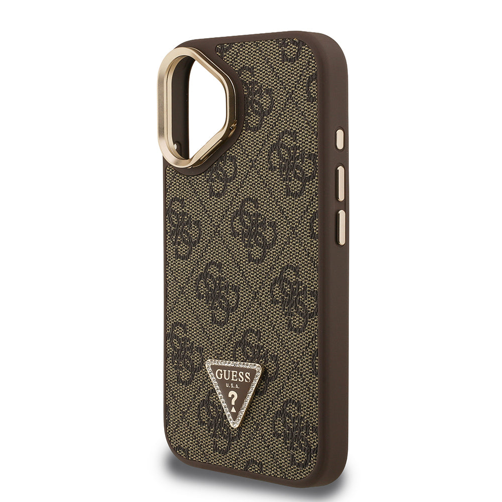 Guess iPhone 16 Orjinal Lisanslı PU Deri Taşlı Üçgen Logo 4G Desenli Kamera Standlı Kılıf