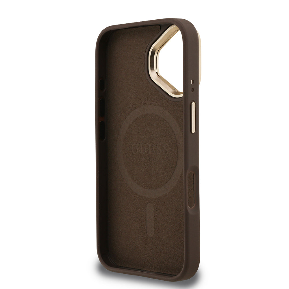 Guess iPhone 16 Orjinal Lisanslı PU Deri Taşlı Üçgen Logo 4G Desenli Kamera Standlı Kılıf