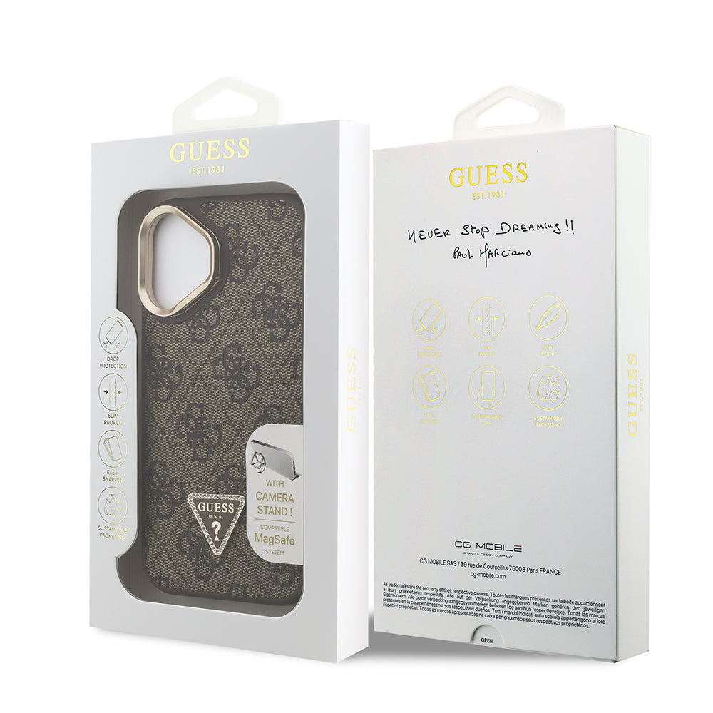 Guess iPhone 16 Orjinal Lisanslı PU Deri Taşlı Üçgen Logo 4G Desenli Kamera Standlı Kılıf