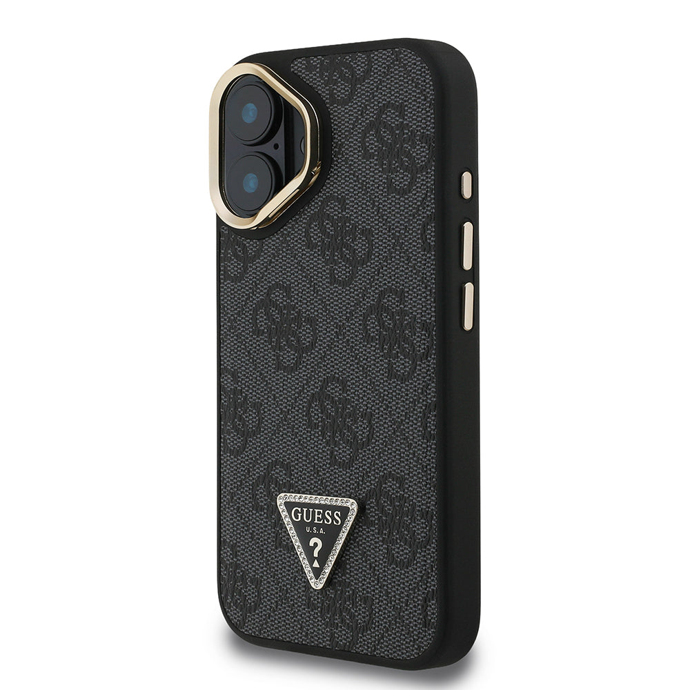 Guess iPhone 16 Orjinal Lisanslı PU Deri Taşlı Üçgen Logo 4G Desenli Kamera Standlı Kılıf