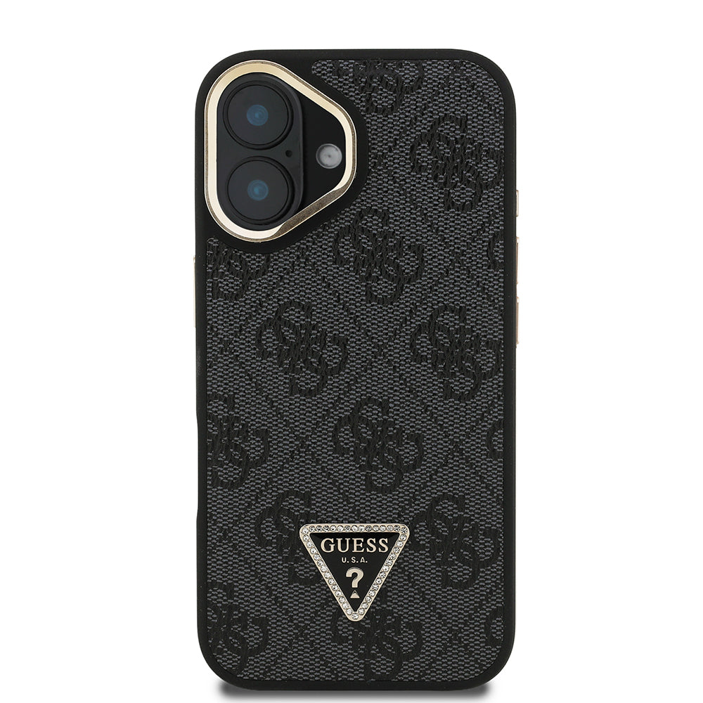 Guess iPhone 16 Orjinal Lisanslı PU Deri Taşlı Üçgen Logo 4G Desenli Kamera Standlı Kılıf