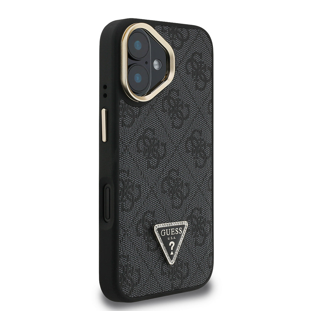 Guess iPhone 16 Orjinal Lisanslı PU Deri Taşlı Üçgen Logo 4G Desenli Kamera Standlı Kılıf