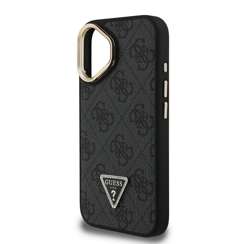 Guess iPhone 16 Orjinal Lisanslı PU Deri Taşlı Üçgen Logo 4G Desenli Kamera Standlı Kılıf
