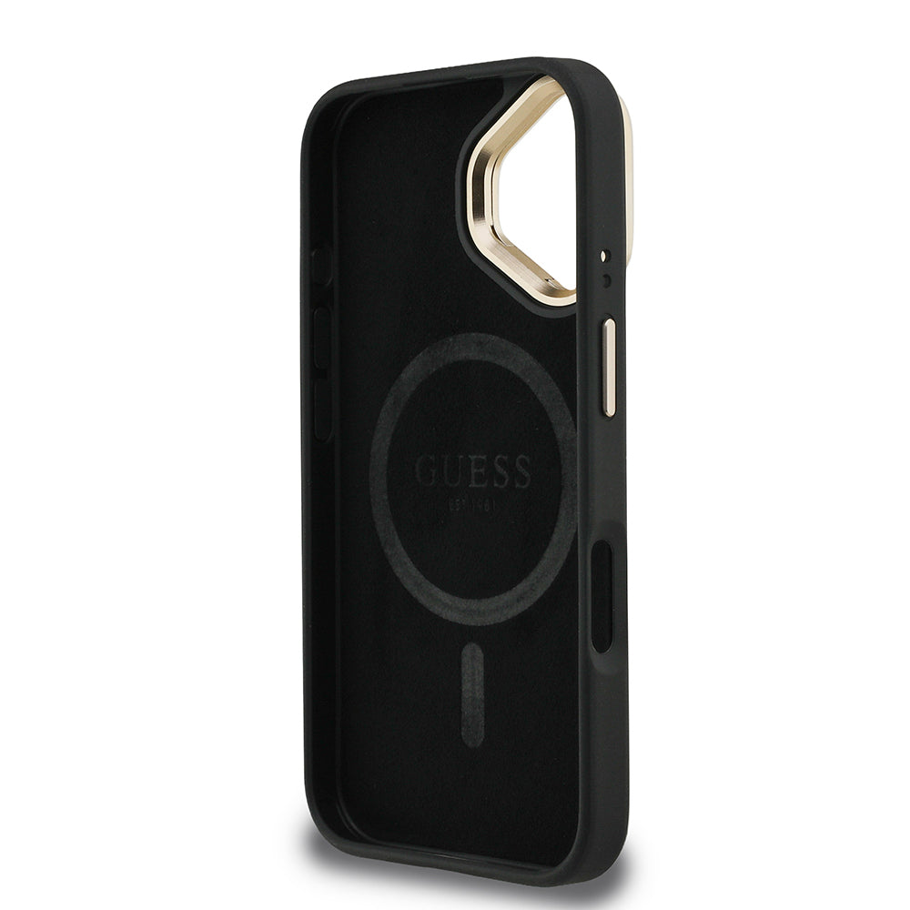 Guess iPhone 16 Orjinal Lisanslı PU Deri Taşlı Üçgen Logo 4G Desenli Kamera Standlı Kılıf